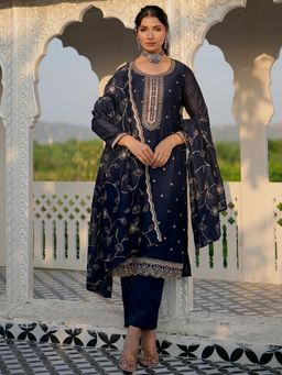 Libas - Women Navy Blue Embroidered Kurta with Pant and Dupatta (Set of 3)