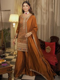 Libas - Adaa Rust Embroidered Kurta with Palazzo and Dupatta (Set of 3)