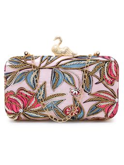 Anekaant - Adorn Pastel Pink & Multi Printed Satin Floral Embellished Clutch