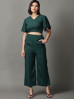 SHOWOFF - Womens V-Neck Solid Green Co-Ord (Set of 2)