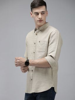 The Bear House - Men Beige Striped Slim Fit Cotton Linen Casual Shirt