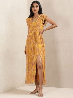 Ritu Kumar - Yellow Floral Print Dress with Bustier (Set of 2)