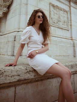 RAREISM - Beige Puff Sleeve Fitted Mini Dress