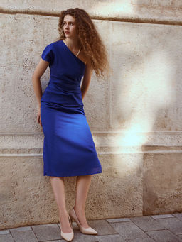 RAREISM - Blue One Shoulder Linen Solid Dress