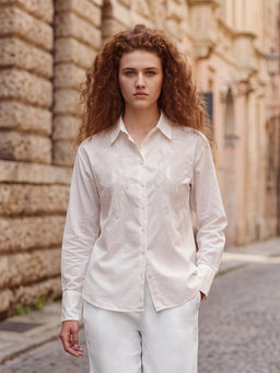 RAREISM - Women's Torim Light Off White Cotton Regular Floral Shirt