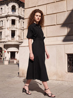RAREISM - Solid Jet Black Women Dress with Belt