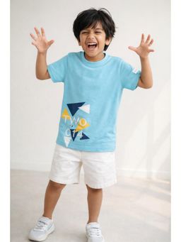 Tales & Stories - Boys Sky Blue Printed Half Sleeves Crew Neck T-Shirt