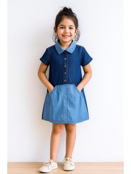Tales & Stories - Girls Dark Blue Half Sleeves Collar Neck Denim Dress