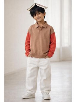 Tales & Stories - Boys Brown Colorblock Collar Neck Full Sleeves T-Shirt