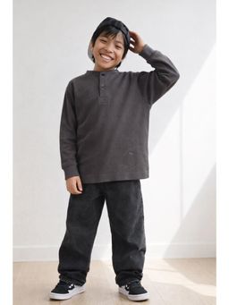 Tales & Stories - Boys Dark Grey Textured Henley Neck Full Sleeves T-Shirt