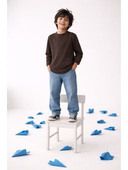 Tales & Stories - Boys Brown Textured Henley Neck Full Sleeves T-Shirt
