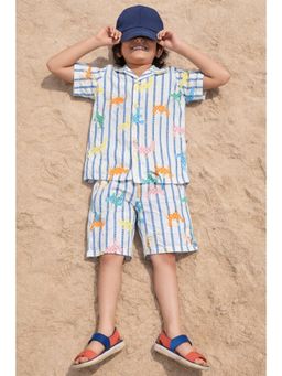 Tales & Stories - Boys Off White Half Sleeves Stripes Animal Printed Shirt