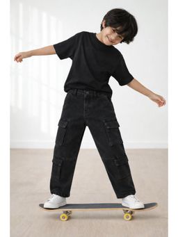 Tales & Stories - Boys Black Baggy Cargo Denim Jeans