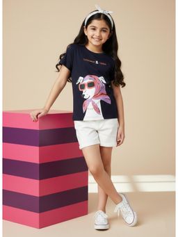 Tales & Stories - Girls Navy Blue Animal Printed T-Shirt