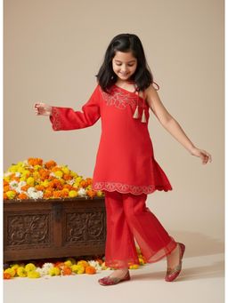 Tales & Stories - Girls Red Ethnic Top With Pant Set