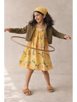 Tales & Stories - Yellow Floral Printed Cotton Dress with Jacket for Girls