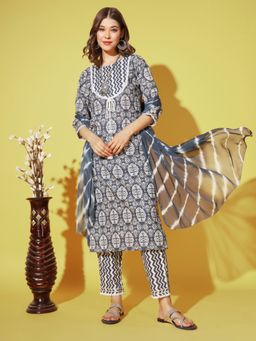 Vbuyz - Print & Embroidered Straight Cotton Blue Stitched Kurta Pant With Dupatta (Set of 3)