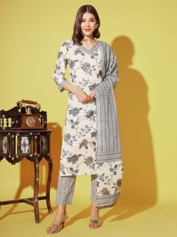 Vbuyz - Women Floral Printed Straight Cotton Grey Stitched Kurta Pant With Dupatta (Set of 3)
