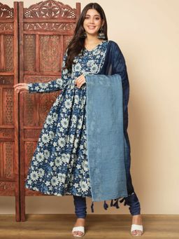 Vbuyz - Women Floral Print Cotton Navy Blue Anarkali Kurta Churidar With Dupatta (Set of 3)