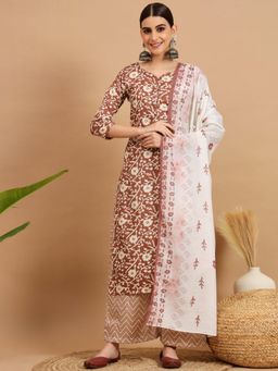 Vbuyz - Women Foil Print Cotton Blend Brown Stitched Kurta Palazzo With Dupatta (Set of 3)
