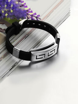 Yellow Chimes - Men Black & Steel Leather Wraparound Bracelet