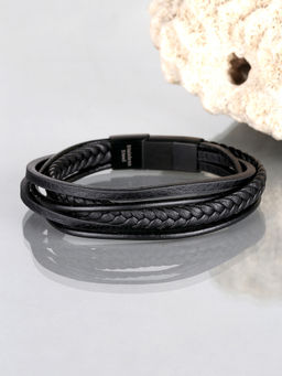 Yellow Chimes - Men Black Leather Wraparound Bracelet