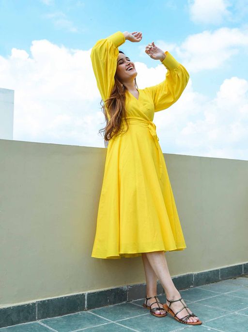 Buy ORDINAREE Empire Yellow Wrap Midi Dress Online