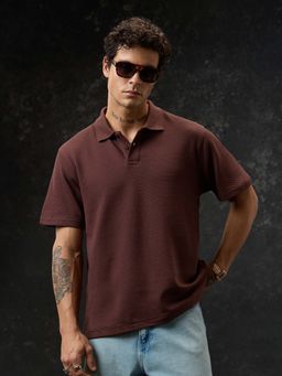 The Souled Store - Men Dark Chocolate Brown Textured Polo T-shirt