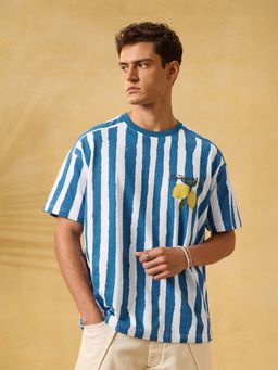 The Souled Store - Men Squeeze Blue-White Stripes Oversized T-shirt