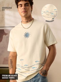 The Souled Store - Men Cream Embroidered Oversized T-shirt
