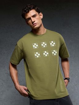 The Souled Store - Men Olive Official Chessboard Graphic Printed Oversized T-shirt
