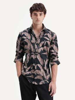 Rare Rabbit - Men Black Cotton Regular Fit Leaf Printed Shirt