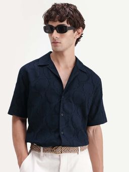 Rare Rabbit - Men Navy Blue Relaxed Fit Jacquard Textured Shirt