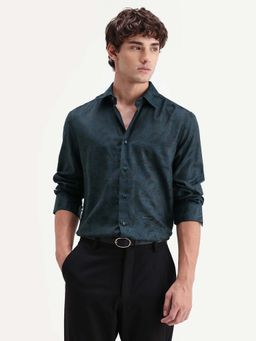 Rare Rabbit - Men Navy Blue Regular Fit Jacquard Paisley Printed Shirt
