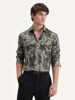 Rare Rabbit - Men Grey Regular Fit Jacquard Floral Printed Shirt
