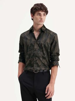 Rare Rabbit - Men Black Regular Fit Jacquard Floral Printed Shirt