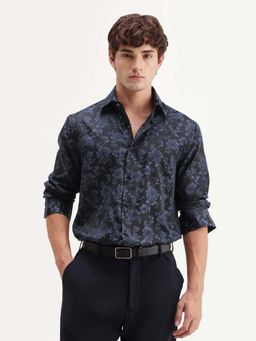 Rare Rabbit - Men Navy Blue Regular Fit Jacquard Floral Printed Shirt