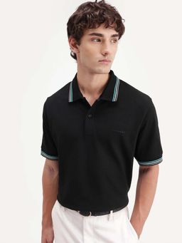 Rare Rabbit - Men Black Cotton Blend Regular Fit Solid Polo T-shirt