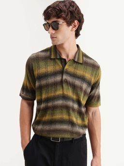 Rare Rabbit - Men Multi-Color Regular Fit Flat Knit Yarn Dyed Stripes Polo T-shirt
