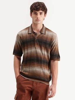 Rare Rabbit - Men Brown Regular Fit Flat Knit Yarn Dyed Polo T-shirt