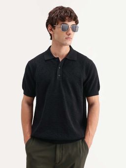 Rare Rabbit - Men Black Regular Fit Textured Flat Knit Polo T-shirt