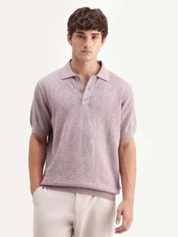 Rare Rabbit - Men Lavender Regular Fit Textured Flat Knit Polo T-shirt