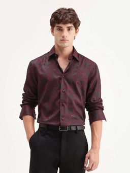 Rare Rabbit - Men Maroon Regular Fit Jacquard Floral Printed Shirt