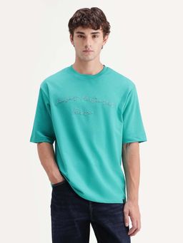 Rare Rabbit - Men Sea Green Cotton Fabric Regular Fit Embroidered T-shirt