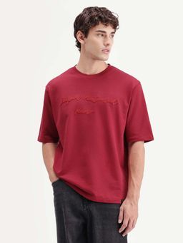 Rare Rabbit - Men Red Cotton Fabric Regular Fit Embroidered T-shirt