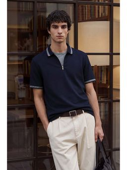 Snitch - Men Navy Blue Solid Half Sleeves Regular Casual Polo T-shirt