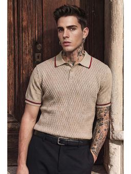 Snitch - Men Beige Textured Half Sleeves Regular Casual Polo T-shirt