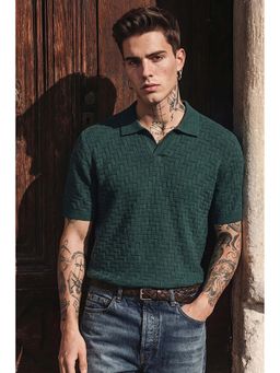 Snitch - Men Dark Green Textured Half Sleeves Regular Polo T-shirt