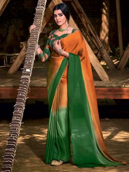 Akhilam - Women Orange and Green Ombre & Embellished Celebrity Saree with Unstitched Blouse