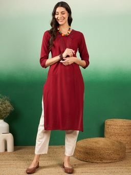 Vastramyaa - Womens Maroon Thread Work Straight Kurta